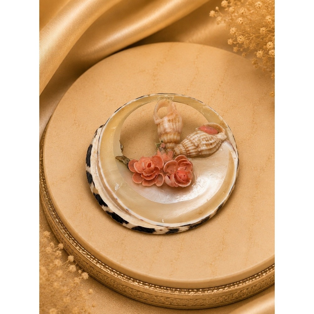 Vintage Handmade Shell Brooch Pin‎ Pink Roses Beach Coastal Unsigned 2"